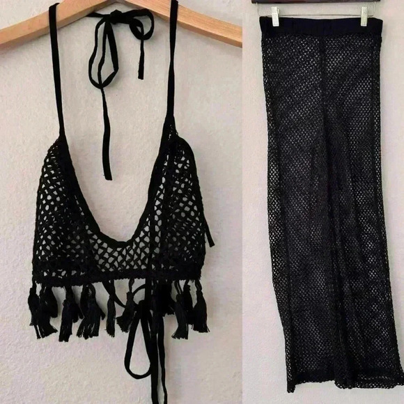 Black Crochet Fringe Halter Tie Crop Swim Boho Festival Top And Pants Set Small - Picture 1 of 8